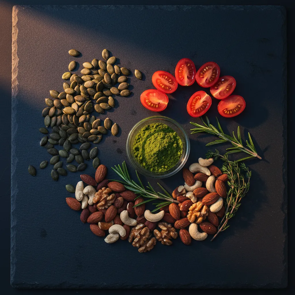 Natuurlijke ingrediënten flat lay - pompoenzaden, lycopeen tomaten, zink noten op donkere leisteen