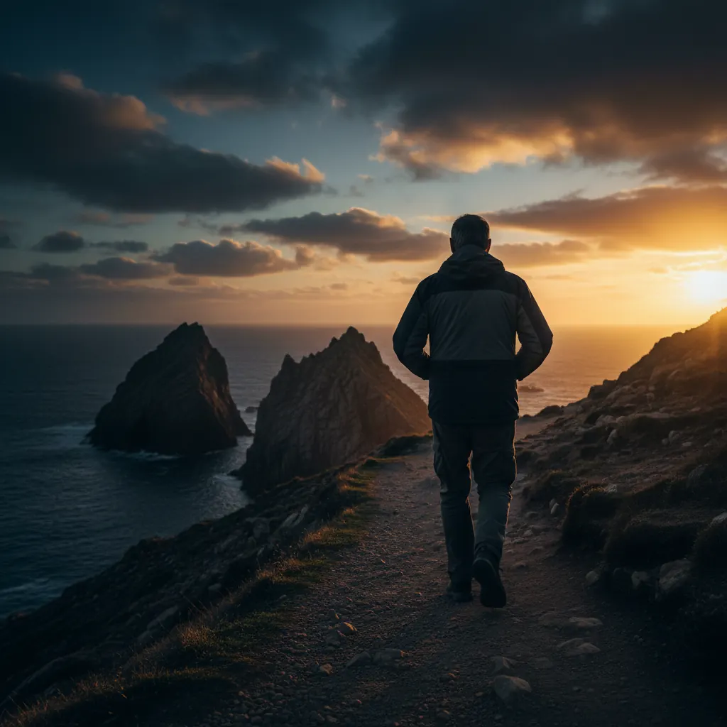 Anoniem silhouet van oudere man die wandelt langs de kust bij zonsondergang - actieve leefstijl mannen 50 plus